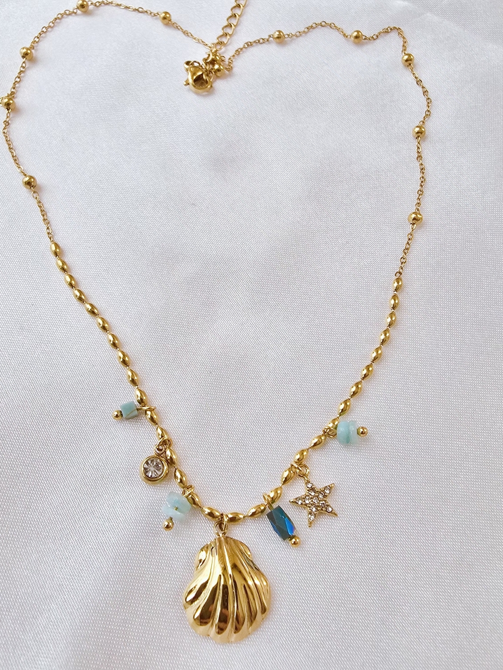 Gold Shell & Star Bracelet & Necklace Set with Aqua Accents - NEW Women Jewelry - Picture 6 of 7